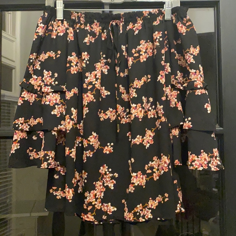 Black with pink floral blouse. Off the shoulder.